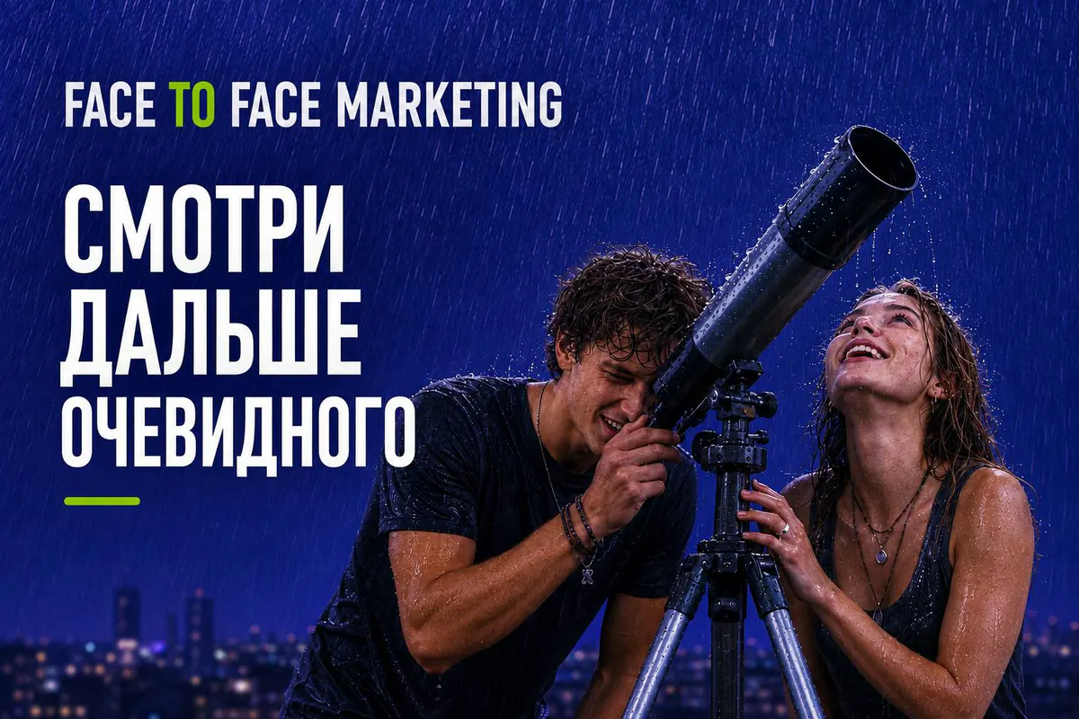 Постер F2F Marketing: пара с телескопом под ночным дождём, слоган «Смотри дальше очевидного».