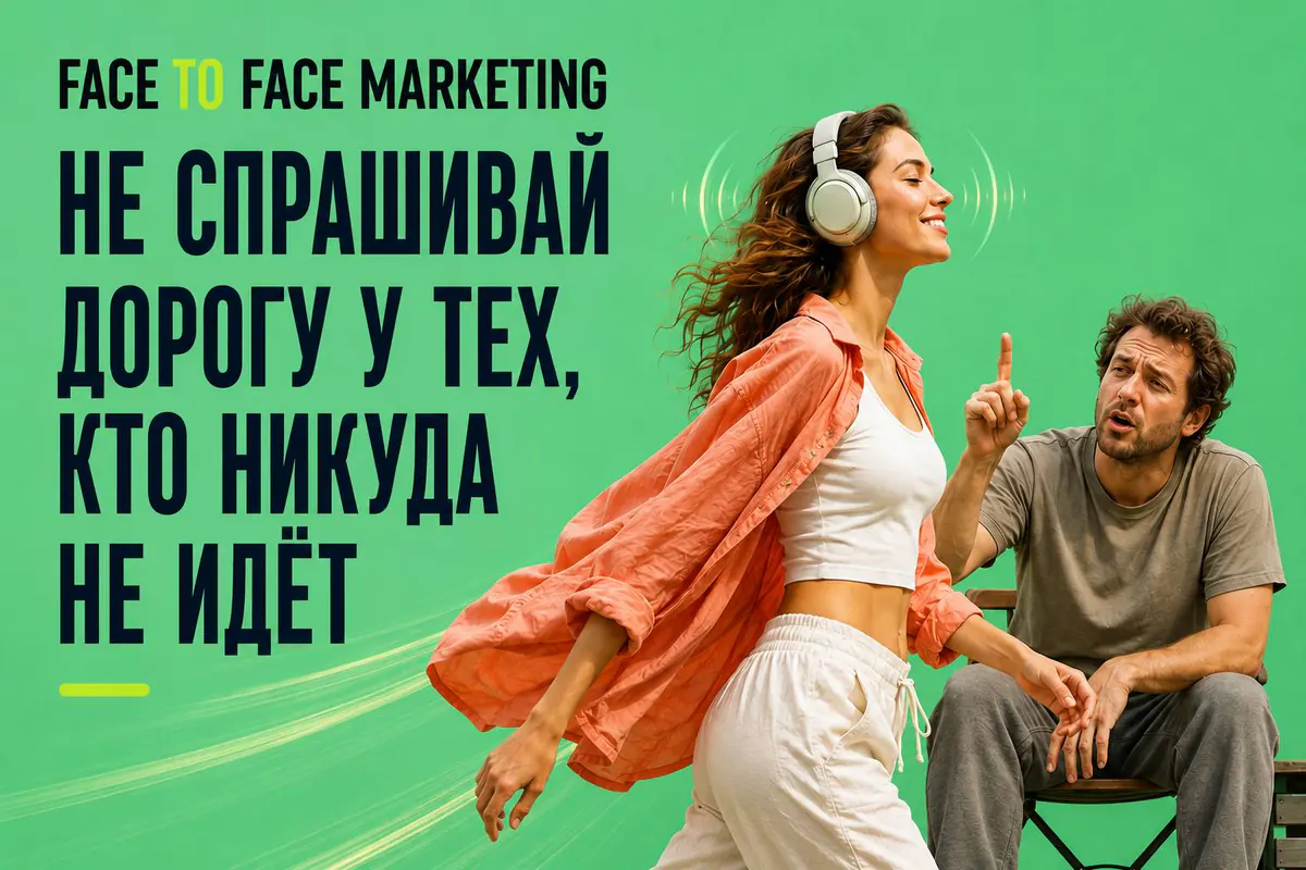 Постер F2F Marketing: девушка в наушниках проходит мимо сидящего мужчины, слоган «Не спрашивай дорогу у тех, кто никуда не идёт».