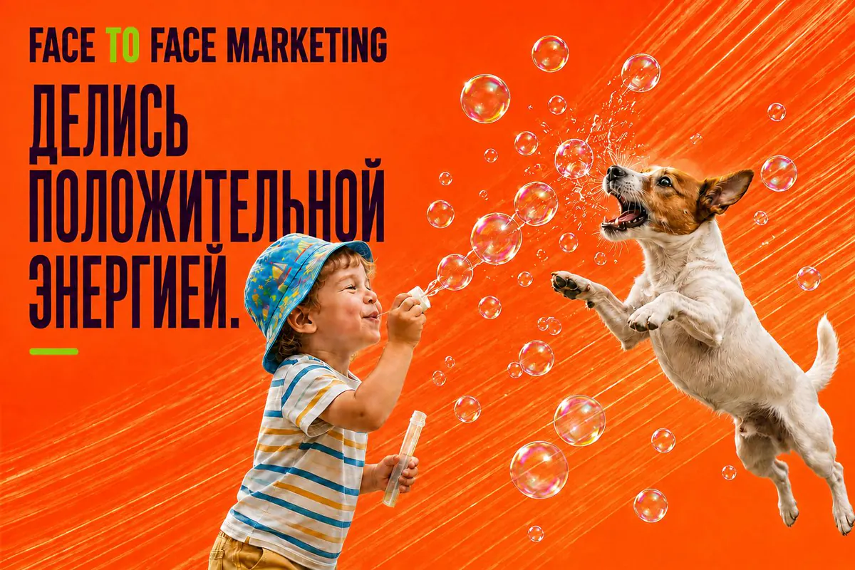 Постер F2F Marketing: мальчик пускает мыльные пузыри в прыгающую собаку, слоган «Делись положительной энергией».
